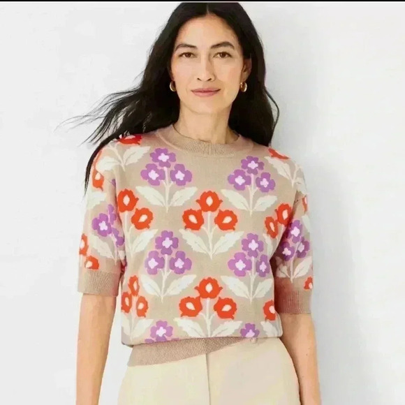 Ann Taylor Tops - Ann Taylor Floral Graphic Quarter Sleeve Knit Top - Petite Large